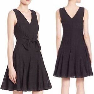 REBECCA TAYLOR Tie Embroidered Gauze Dress Black Geo Eyelet Boho Midi Fit Flare